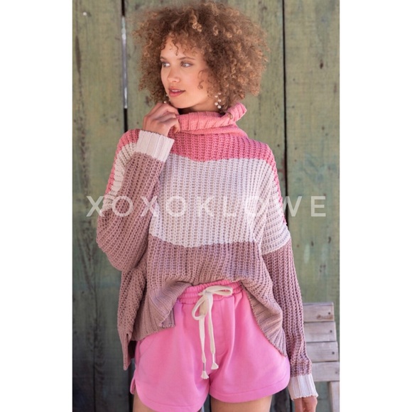 POL PLUS Pink 3 Tone Color Block Sweater Turtleneck Oversize Fit - Picture 12 of 14